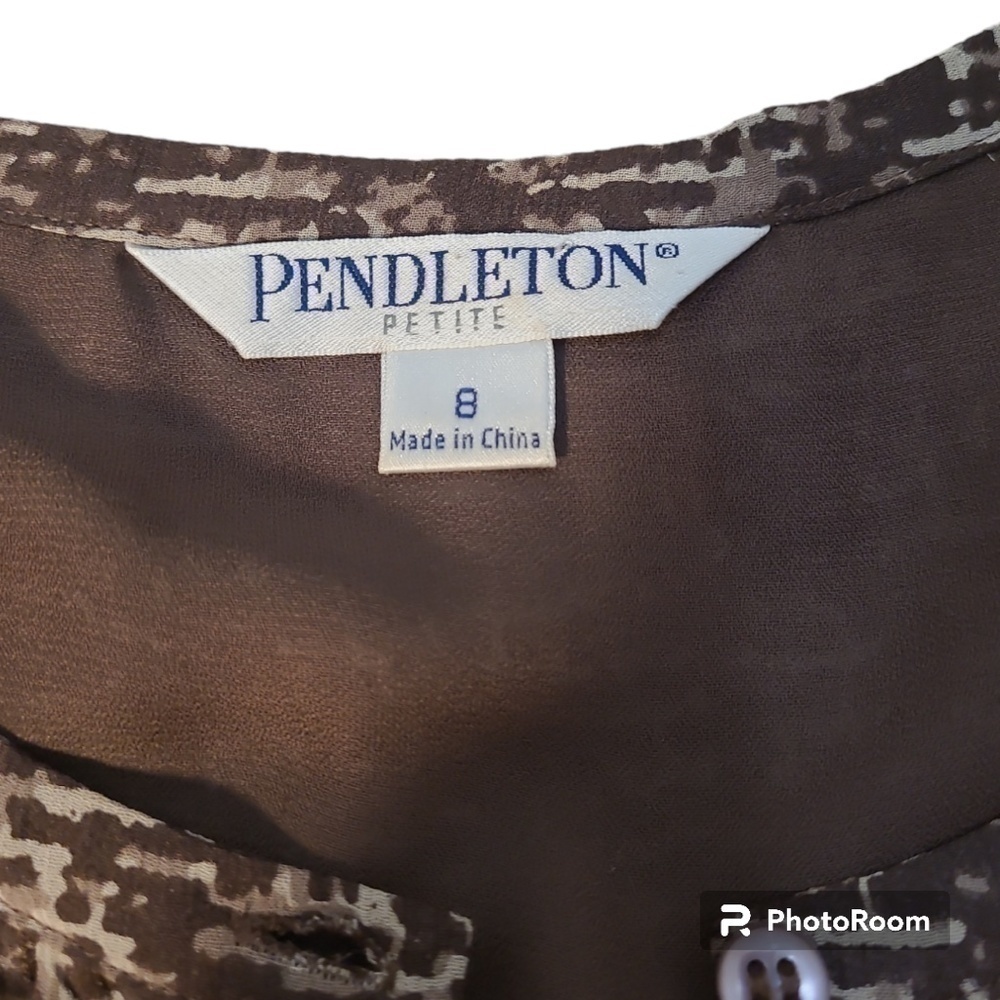 Pendleton 100% Silk Sheer Puff Sleeve Brown Blouse Petite 8 — Quiet Luxury Work - Picture 4 of 14